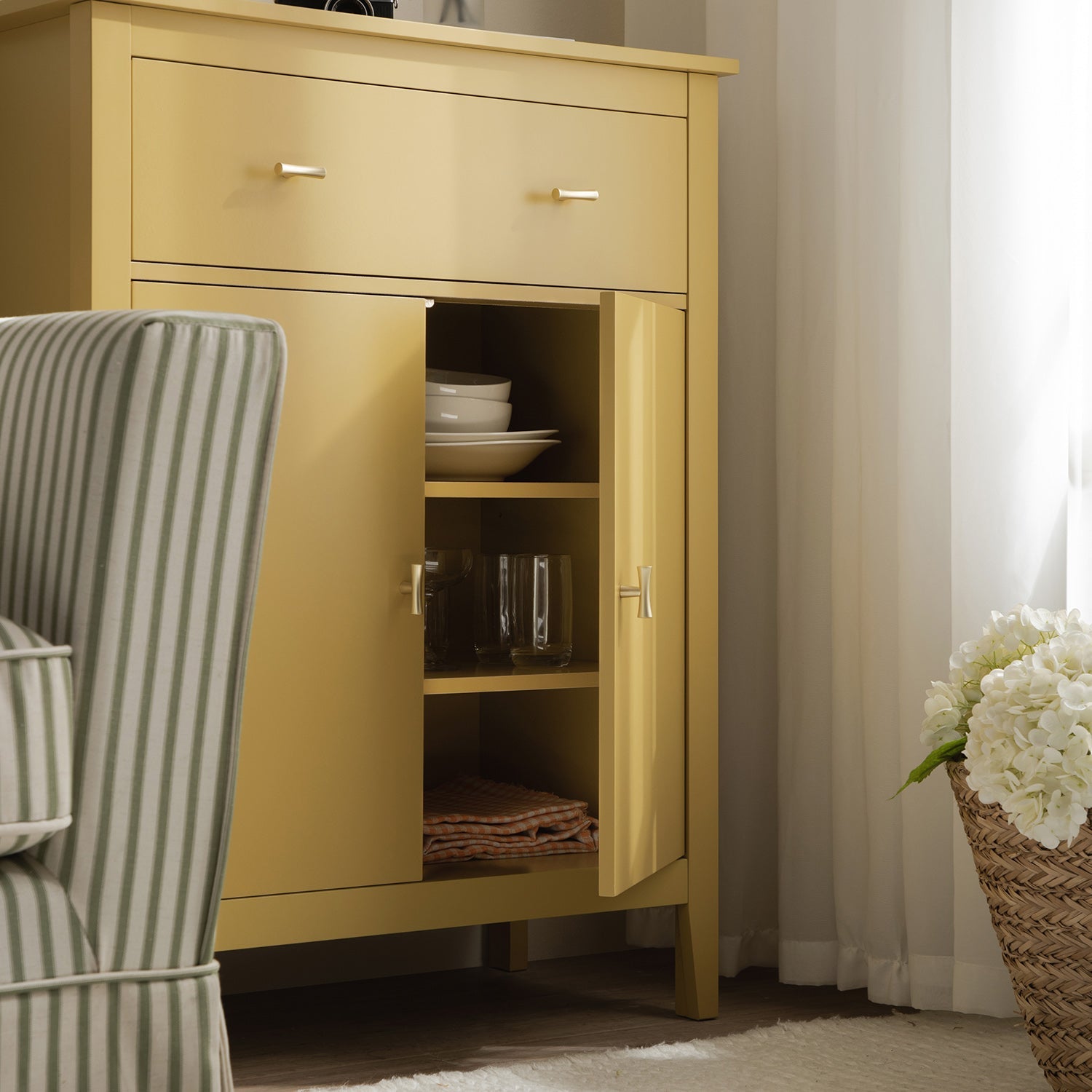Oakham Small Sideboard with Drawer, Rattan Yellow
