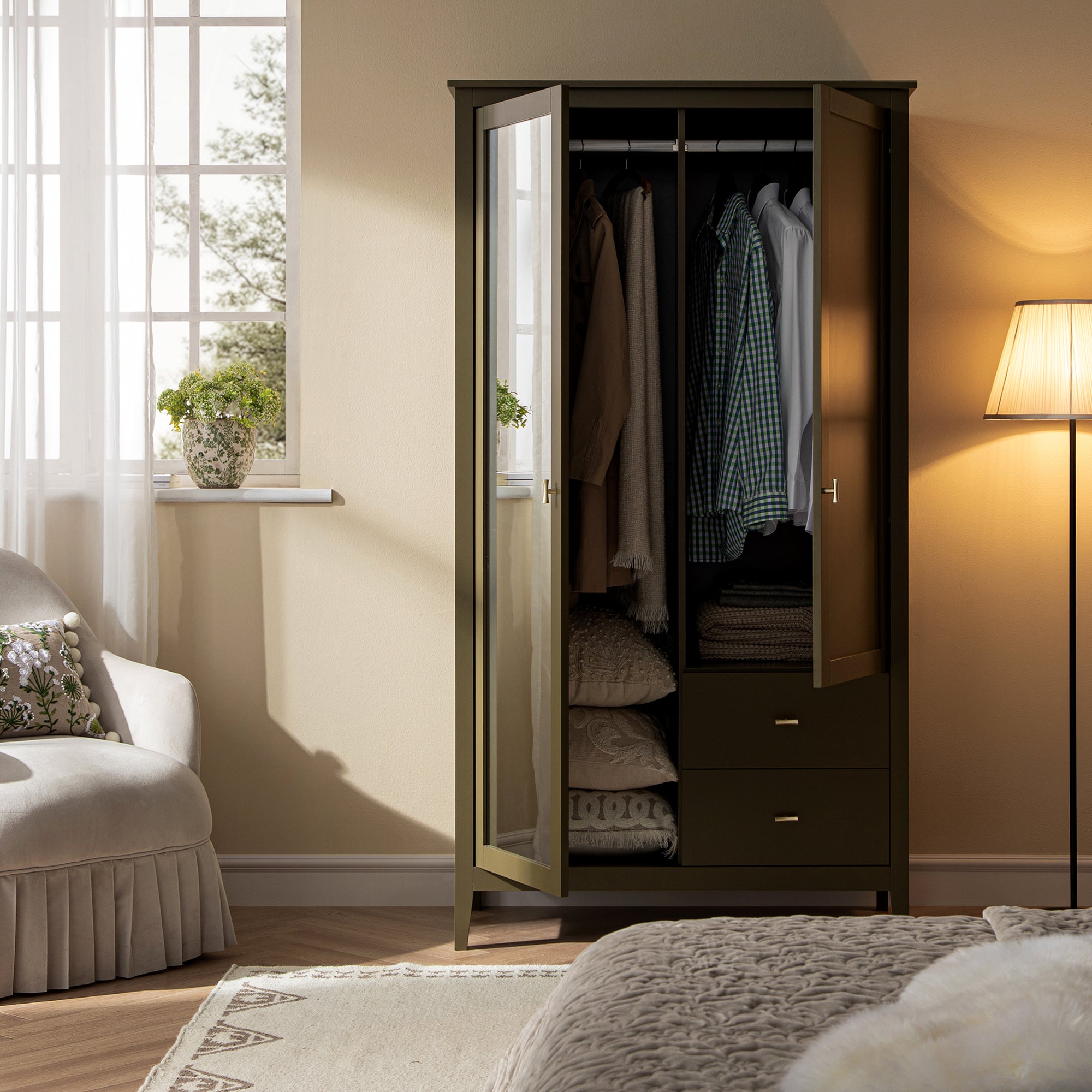 Oakham Mirrored Double Closet, Olive Grove