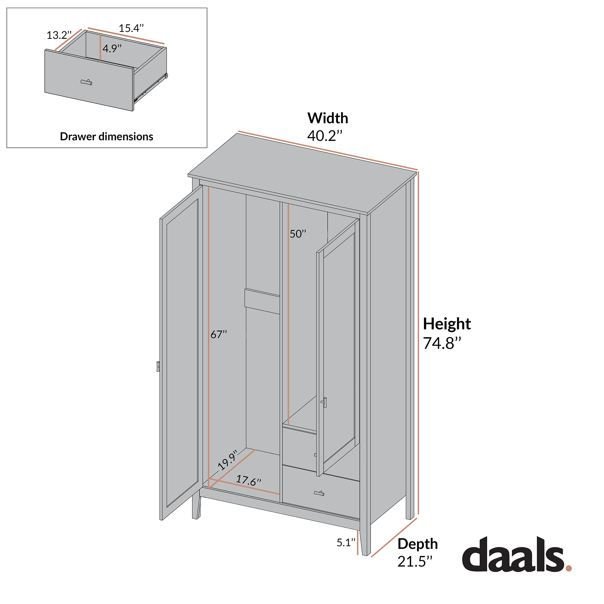 Oakham Mirrored Double Closet, Nude Pink